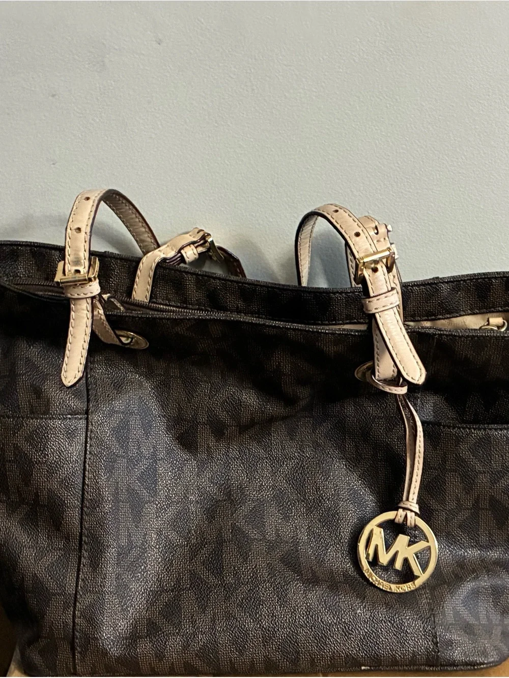Michael Kors Brown Logo Tote with Cream Straps